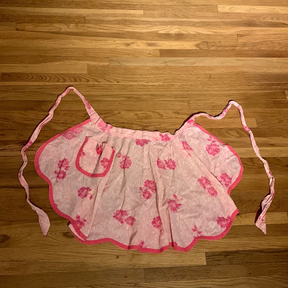 Vintage Handmade Pink Roses Half Apron Floral Retro Pockets